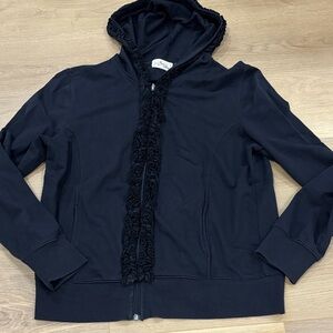 Women's Black Bomber Jacket with Ruffle Trim